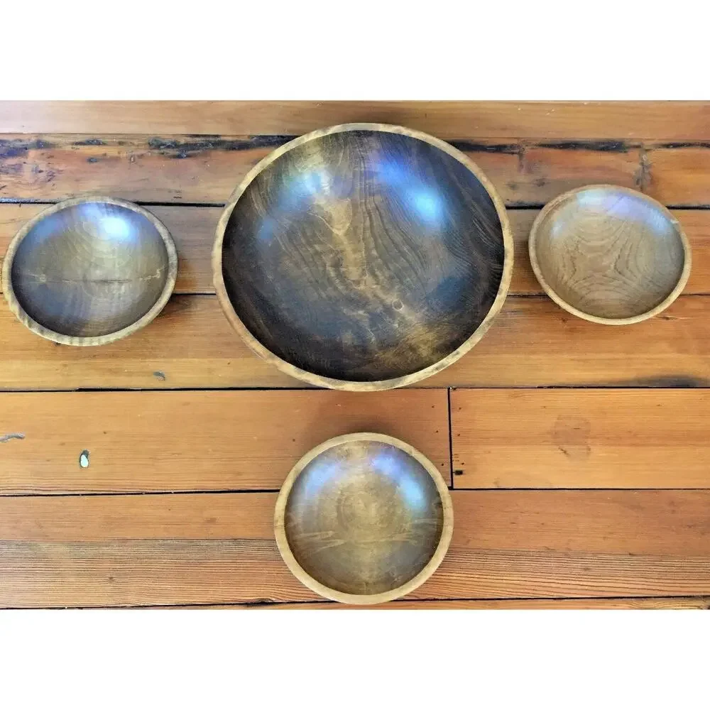 Set 4 Vtg Mid Century Hardwood International Paper Stamped Wooden Salad Bowl Set